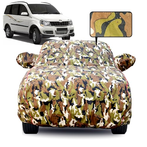 Image of Waterproof Car Body Cover for Mahindra Xylo with Mirror Pocket, Soft Cotton Lining, Triple Stitched, Full Bottom Elastic (Heat Resistant Jungle Print with Red Piping)