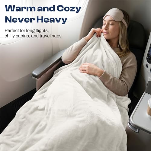Image of EverSnug Travel Blanket and Pillow - Ultra-Soft, Compact & Lightweight, 65x40 Inches, with Carry Case, Luggage Sleeve & Backpack Clip for Airplane Comfort (Off-White)