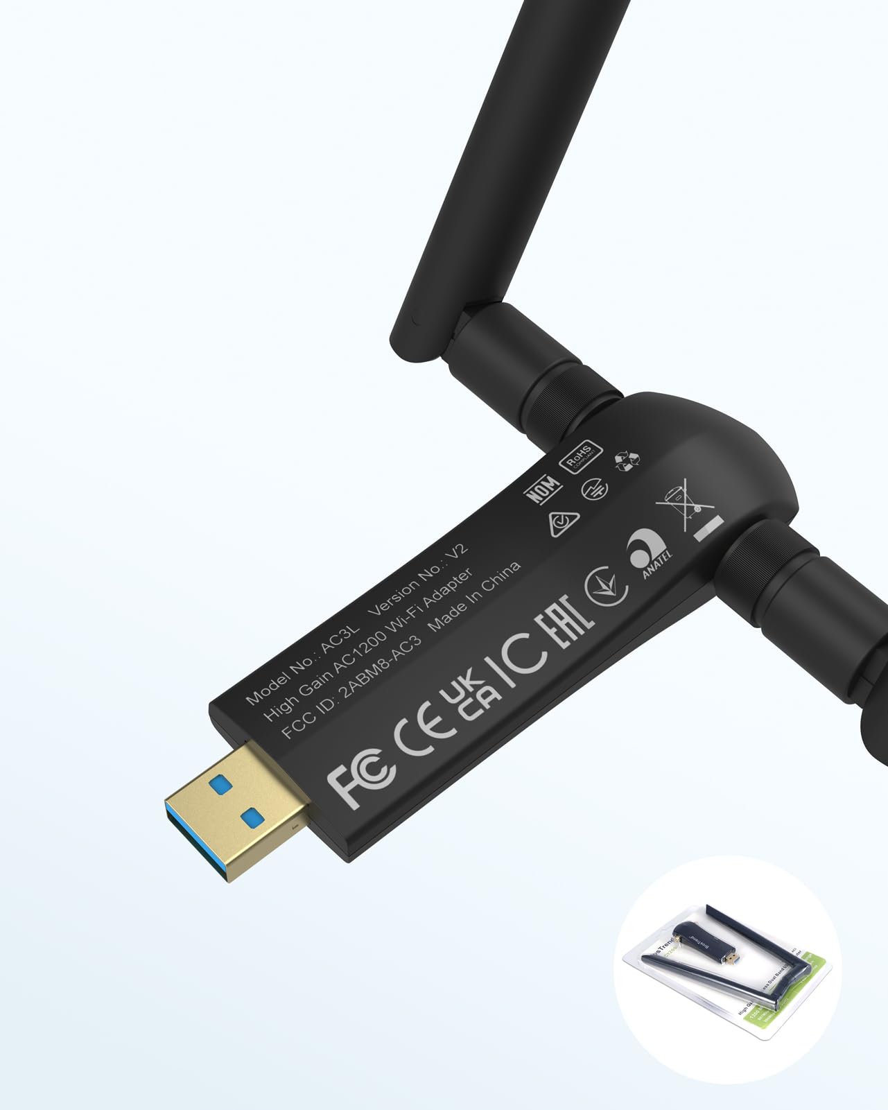 BrosTrend Clé USB Wi-Fi Linux 1200 Mbit/s pour Kali, Ubuntu, Mint, Debian, Lubuntu, Xubuntu, Mate, LMDE, Zorin, PureOS, Raspberry Pi 2+, Windows 11, 5 GHz+ 2,4 GHz, 2 antennes Wi-Fi 5 dBi, USB3.0