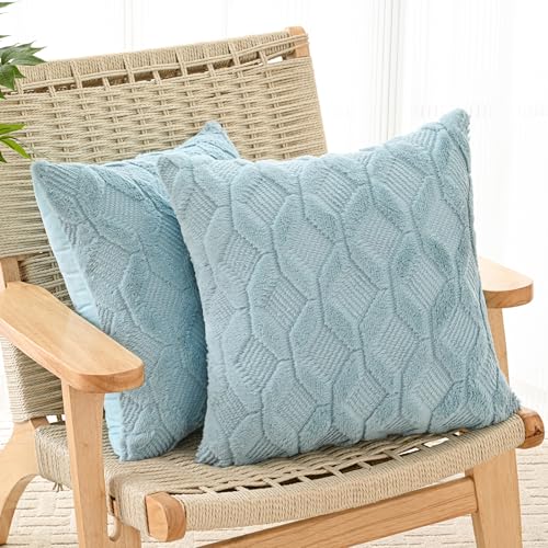 Volcanics Pack of 2 Faux Wool Throw Pillow Covers 20x20 Inches Decorative Farmhouse Velvet Couch Pillow Case Soft Plush Square Boho Cushion Pillowcase, Misty Blue