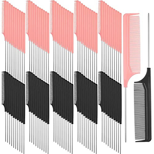 Youyole 100 Pcs Rat Tail Combs Hair Parting Stainless Steel Pintail Comb Fine Tooth Heat Resistant Teasing Pick Detangling for Braids Salon Hairdressing Styling Hair, 2 Colors, Black, 1.0 Count