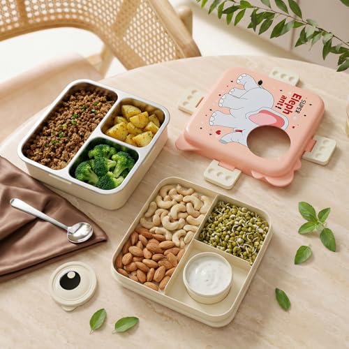 Image of Kids Lunch Box for School, Stainless Steel Insulated Tiffin Box with Spoon, Leak Proof 3 Compartments Bento Box, BPA Free Food Grade Lunch Box for Kids, 1120 ml + 70 ml (Pink, Super Elephant)