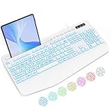 SABLUTE Large Print Backlit Computer Keyboards, Wired Lighted USB Keyboards with 7-Color Backlit, Wrist Rest, Phone Holder, Easy to Read and Type for Laptop, PC, Windows, Desktop (White)