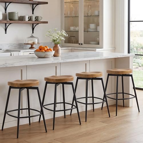 Image of 25 inch Swivel Backless Saddle Bar Stools Set of 4, Walnut | Solid Wood Saddle Seat with Metal Legs, Footrests and Non-Marking Feet for Kitchen Island