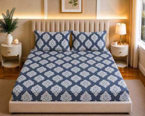 Image of Castiqa Elastic Fitted Supersoft Premium Polycotton 200TC Double Bedsheets King Size 78x72 Inch with 2 Pillow Covers (Fits Upto Mattress of 8Inches) (Multicolor V)
