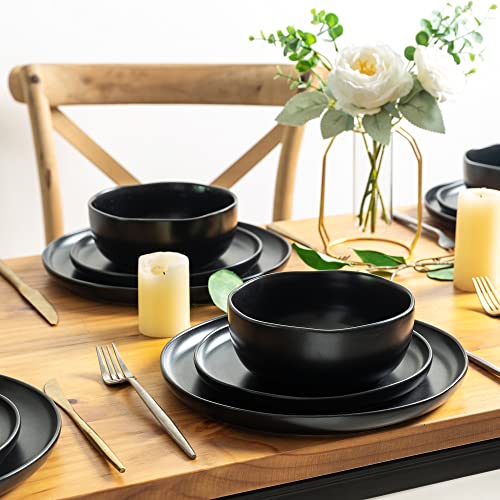 Amorarc Ceramic Dinner Salad Plates Set Of 6, Wavy Rim 8.5 Inch Dish Set, The Dessert,Salad, Appetizer, Small Dinner Etc Plate,Microwave, Dishwasher Safe, Scratch Resistant, Reactive Matte Black #TOP6