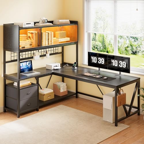 Image of L Shaped Gaming Desk with Fabric Drawers and Power Outlet, Corner Computer Desk with LED-Lit Tempered Glass Display Cabinet, L Shaped Office Desk with Storage,PC Desk for Gaming and Home Office, Black