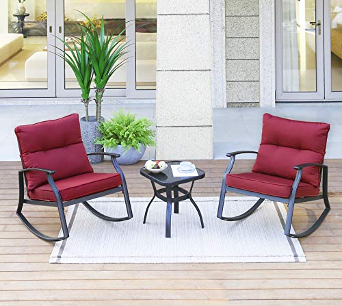 Wampat 3 Piece Patio Rocking Bistro Set, Plus Size Steel Porch Rocking Chairs Support 300Lbs, Outdoor Rocking Chair Set Of Glass-Top Coffee Table And Black Steel Chairs With Thick Cushions Wine Red #TOP1