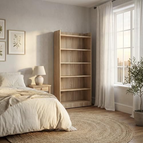 Image of Apex 5-Tier Bookshelf & Display Rack, Modern Open Storage Organizer for Living Room, Office & Library, 62.5x23.5x130cm (Light Oak)