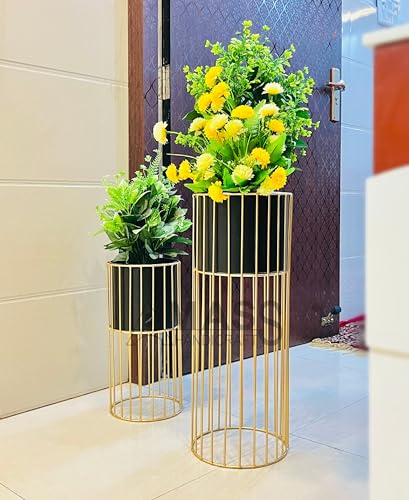 Image of Modern Metal Decorative Floor Standing White And Gold Indoor Outdoor Plant Stand With Pot For Home Decor Living Room Office Bedroom Balcony Set of 2 Flower Pots (Black)