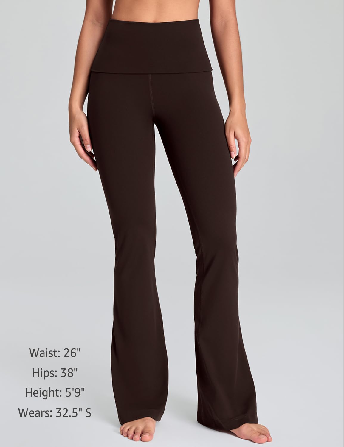 HeyNuts Mellow Fold Over Flare Leggings 29"/30.5"/32.5"/34.5" | High Waisted, Wide Leg, Bootcut, Yoga, Casual, Lounge, Tummy Control, Compression, Buttery Soft, for Women — Espresso by Amazon
