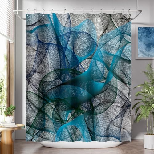Image of AmazerBath Shower Curtain Blue, Abstract Black Striped Cloth Shower Curtain Sets with 12 Shower Curtain Hooks, Luxury Rustic Fabric Washable Shower Curtain for Bathroom Home Decor, 72x72 Inches