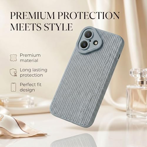 Image of amazon basics Luxury 3D Knitted Texture Soft Silicone Back Cover for iPhone 16 | Slim Fit Shockproof Case with Camera Protection & Non-Slip Grip - Blue