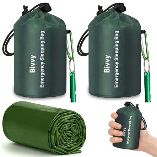 flintronic 2 Stück Notfall Schlafsack, Leicht Wasserdicht Survival Biwaksack mit Signalpfeife, Wärmehaltung, Doppelter Überleben Schlafsack - 120x200cm, Grün