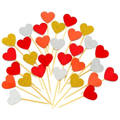 Cupcake Toppers 30Pcs Set, GUCUJI Funny Heart Glitter Mini Birthday Cake Snack Decorations Picks Suppliers Party Accessories for Wedding and Baby Birthday (Red Series) Cover