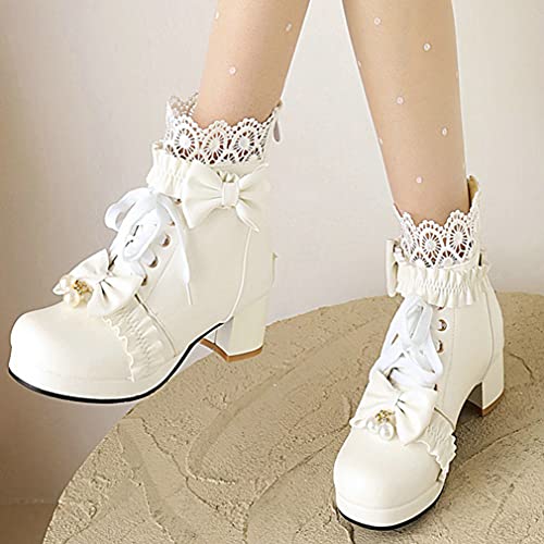 Meefit Women Platform Boots Lace Up Chunky Heel Ankle Boots With Bow Cosplay Winter Shoes(White,Us7) #TOP5