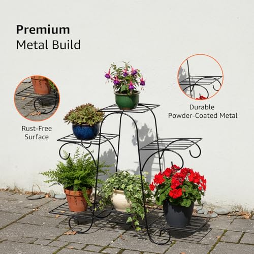 Image of Amazon Basics Metal Planter Stand for Living Room, Indoor Outdoor Plant Stand for Balcony and Home Decor, Holds 6 Planters, Black