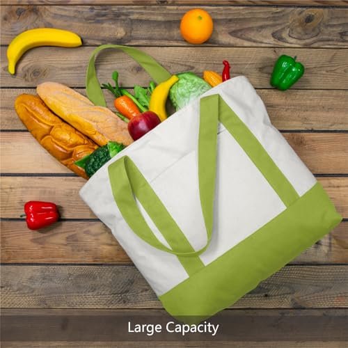 Image of TOPDesign 1-Pack Canvas Tote Bag with an External Pocket, Reusable Grocery Shopping Bag, Top Zipper Closure, Daily Essentials (Light Green /Natural)