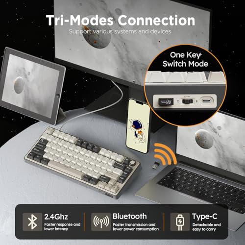 Image of RK ROYAL KLUDGE R75 Wireless Mechanical Keyboard, 75% Percent Custom Gaming Keyboard Gasket Mount RGB Backlit with Knob & PBT Keycaps, BT5.1 /2.4GHz /USB-C, Hot Swappable Cream Switch, White