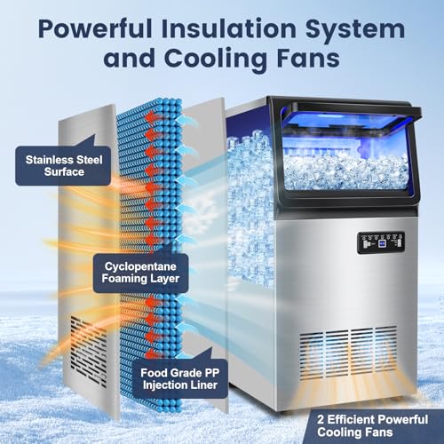 Image of Commercial Ice Maker Machine Dual Water Inlet Options, 140LBS /24H, Freestanding Under Counter Ice Maker with Smart LCD, Self-Cleaning, Quiet for Home, Bar, Restaurant, Support 5-Gallon Bottle Water