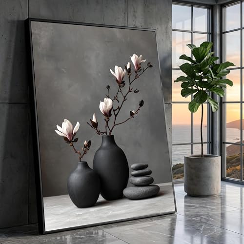 Impression sur toile de pierres et magnolia, décoration murale zen haut de gamme