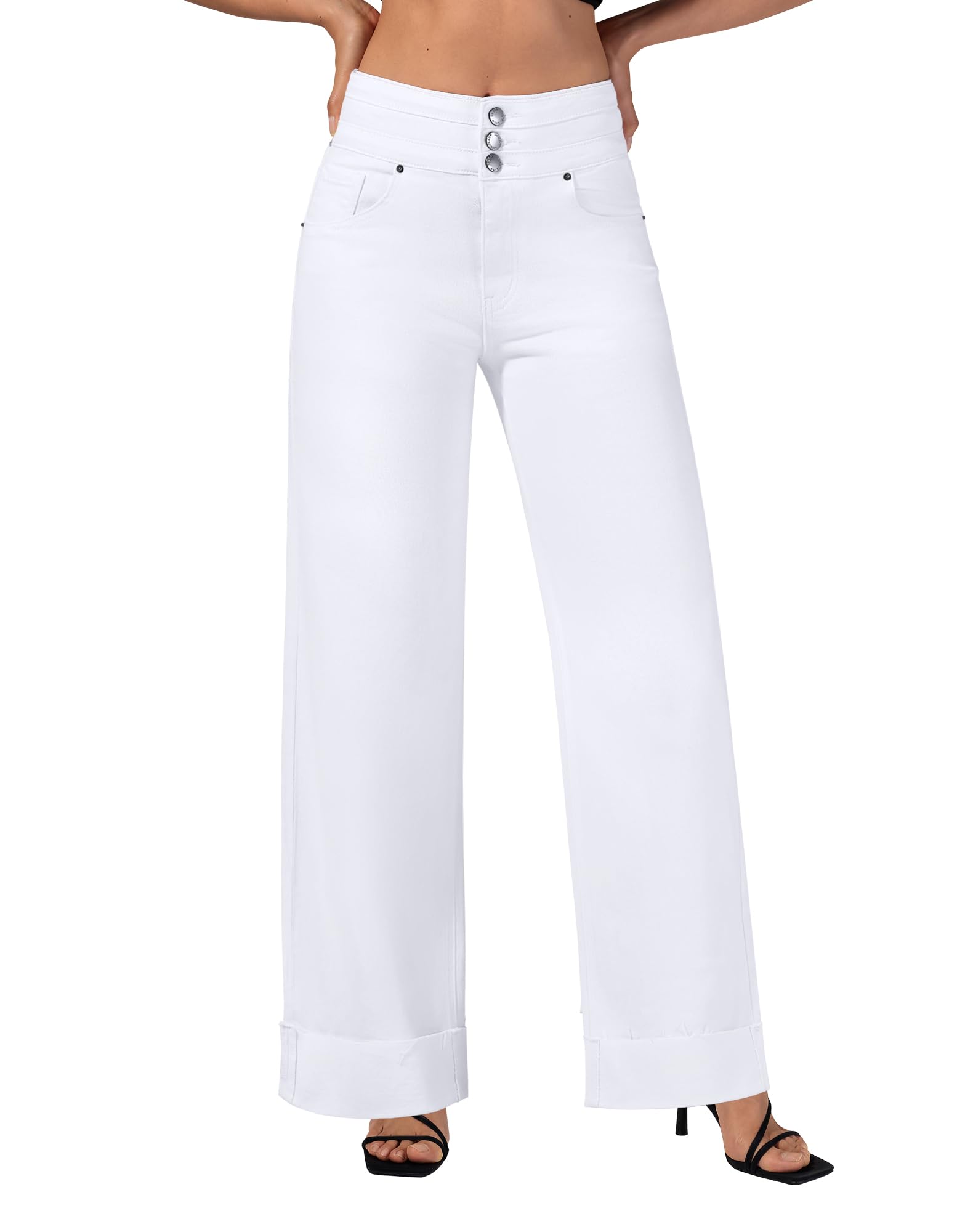 roswear Women's High Waisted Stretchy Wide Leg Jeans Cuffed Baggy Jeans Loose Denim Pants