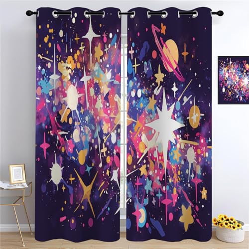 YUEAHOL Cortinas Salon Dormitorio Patrón de Estrella Grafiti Colorido 3D Estampadas, Cortinas Ventana Opacas Termicas Aislantes Frio y Calor 2 Piezas con Ojales, Reduccion Ruido 300 x 280 cm