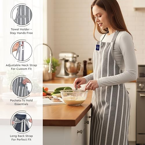 Image of Encasa XO 100% Cotton Apron Set for Women & Men with Adjustable Apron, Oven Gloves & Pot Holder (Pack of 3) Combo, Heat-Resistant, Soft & Durable for Cooking, Baking & Grilling (Roma Grey Stripes)