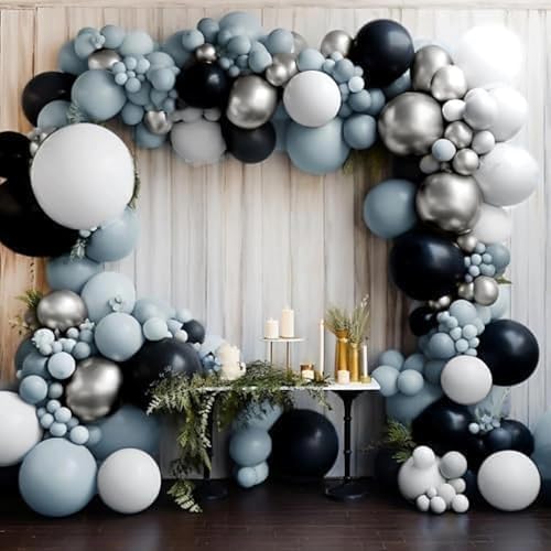 Image of Blue Black Balloon Garland Double Stuffed Dusty Blue White Balloons Black Silver Balloon Arch for Birthday Wedding Graduation Baby Shower Anniversary Party Decorations