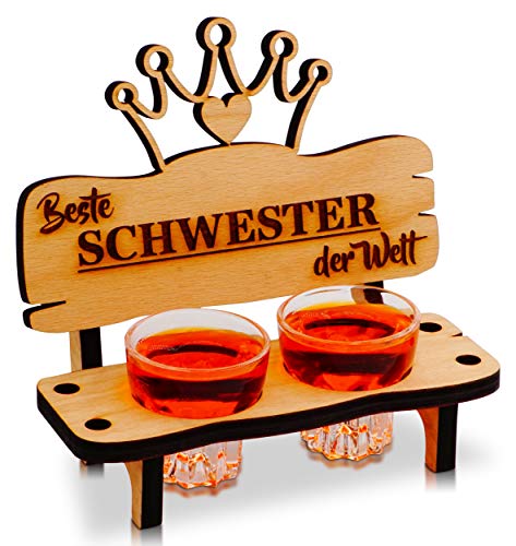 Banc à schnaps avec verre à shot et bougie - Décoration ancre et cœur - Cadeau « Beste Schwester der Welt » Cover