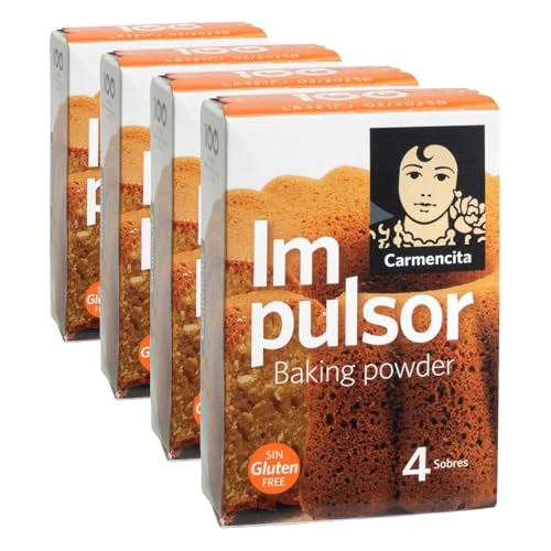 Carmencita - Impulsor para preparar recetas de Repostería, Bizcochos y Rebozados, Gasificante para uso alimentario. Sin Gluten, 4 sobres por Impulsor, 60 g (Paquete de 4)