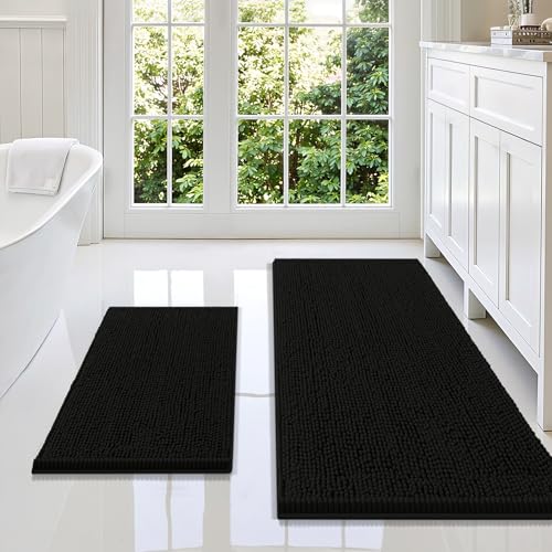 Image of Smiry Bathroom Rugs Sets 2 Piece, Soft Absorbent Chenille Machine Washable Non Slip Shaggy Bath Rug Set for Tub, Shower, and Floor (47x20+24x16, Black)