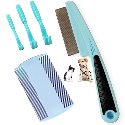 Peigne anti puce et tique pour chien et chat. Kit de crochet et tire tiques pour enlever et éliminer puces et poux des animaux de compagnie. Outil de...