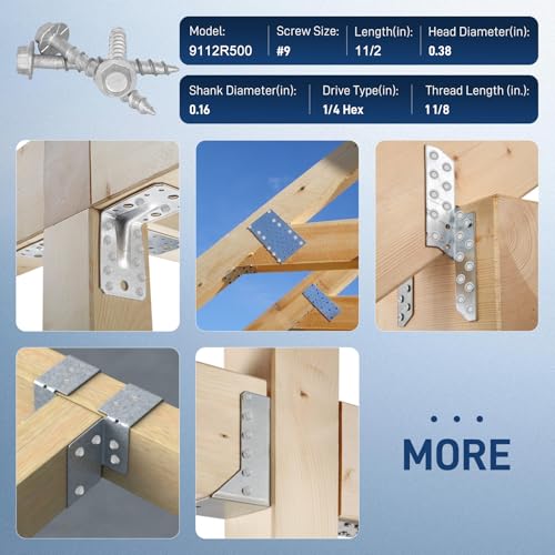 Image of Mech.Galv.#9 x 1-1 /2 inch Joist Hanger Screws-500 Qty,9112R500 Hurricane Screws | 1 /4 inch Hex Socket Wood Screw,0.370 inch-Dia Deck Screw, Joist Hanger Connector Screws Replace 10D Nails-1500 Hours Salt Spray Test