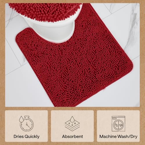 Image of Gorilla Grip Original Shaggy Chenille Oval U-Shape Contoured Mat for Base of Toilet, 22.5x19.5 Size, Machine Wash and Dry, Soft Plush Absorbent Contour Carpet Mats for Bathroom Toilets, Red