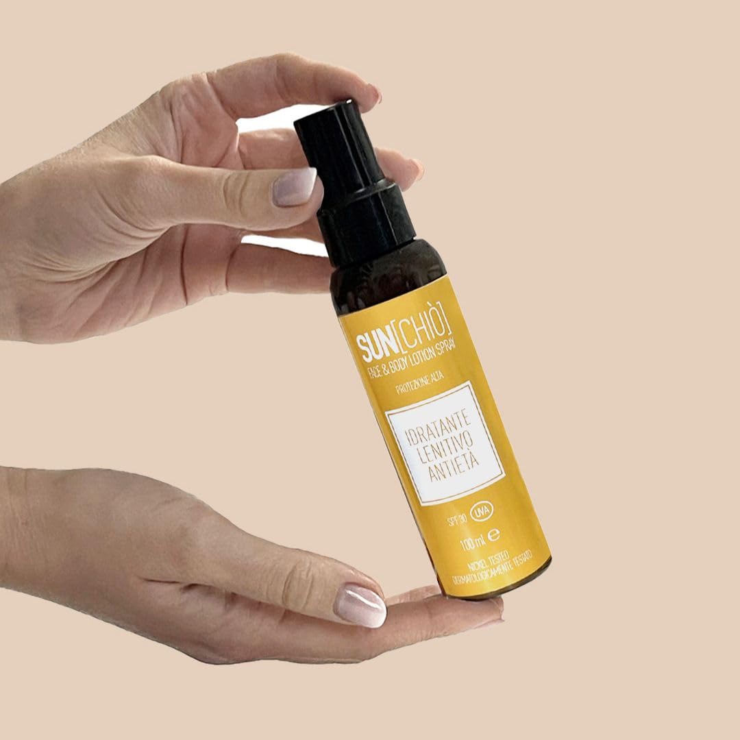 Sunchiò Lozione Solare Spray Viso e Corpo SPF 30, Protezione Alta, Azione Idratante, Lenitiva, Antietà, Texture Leggera a Rapido Assorbimento, Per Tutti i Tipi di Pelle, 100ml
