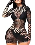 Kimfeng Sexy Rave Club Outfits for Women Hollow Out Long Sleeve One Piece Mini Bodycon Lingerie Fishnet Dress Clubwear Black