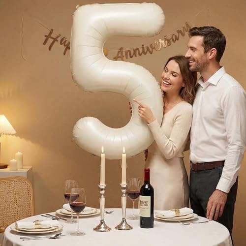 Image of Number Balloons for Birthday Decorations - 40 Inch Large Party Balloons 5, Cream Foil Number Balloons for Boys Girls, Balloons for Party Supplies