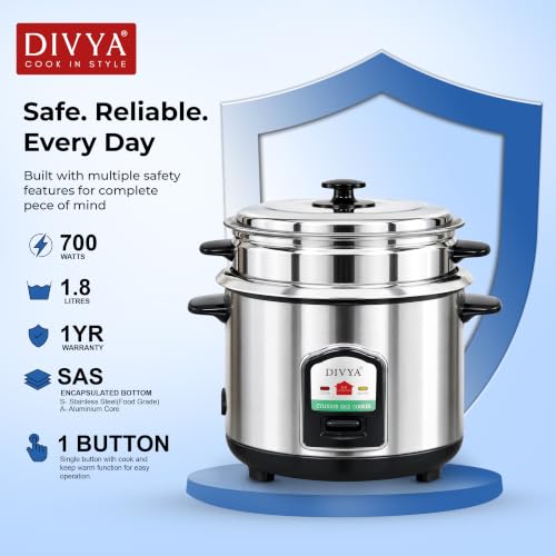 Buy DIVYA Double Pot 1.8 L 700W Stainless Steel Electric Rice Cooker | Double Inner Pot, Cook & Keep Warm, 304 SS Body, Steamer Tray Included, Made in India Online at Low Prices in India - Amazon.in - Image 5