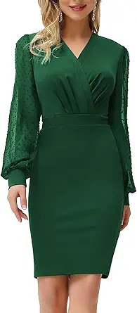 GRACE KARIN Women's Pencil Work Dresses Long Sleeve Wrap V Neck Bodycon Business Dress Elegant Cocktail Party Work