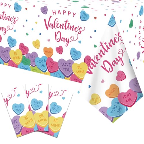 Image of Gistome 3-Piece 54 x 108 Inch Valentine's Day Plastic Tablecloth - Colorful Candy Heart Disposable Table Covers for Valentine's Parties, Weddings, Classrooms, and Romantic Celebrations