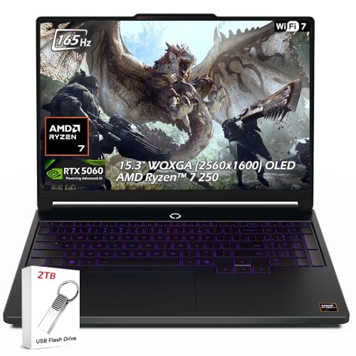 Image of Lenovo Legion 5a 15.3 inch WQXGA OLED 165HZ Gaming Laptop, AMD Ryzen 7 250, 32GB RAM 1TB SSD, NVIDIA GeForce RTX 5060 8GB GDDR7, Wi-Fi7, Backlit KB, Win11, Eclipse Black, w /2TB USB Drive, W /GaLiMu