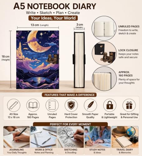Image of Moon Art Diary Notebook 7x5 Inch 160 Pages Unruled Journal for Writing