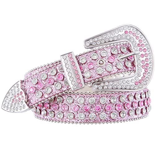 Fioretto Men Women Rhinestone Belt Bling Shining Diamond Cowgirl Cowboy Western Studded Leather Belt Waist Belt For Jeans Pants Pink #TOP19