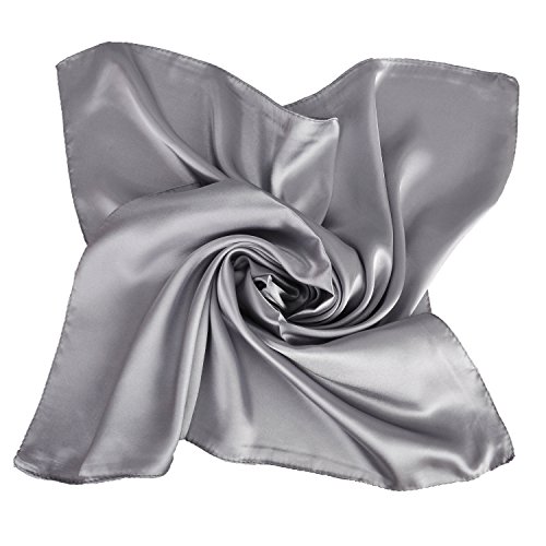 Women's Fashion Soft Satin Square Scarf Set Head Neck Multiuse Solid Colors Available (Silver)
