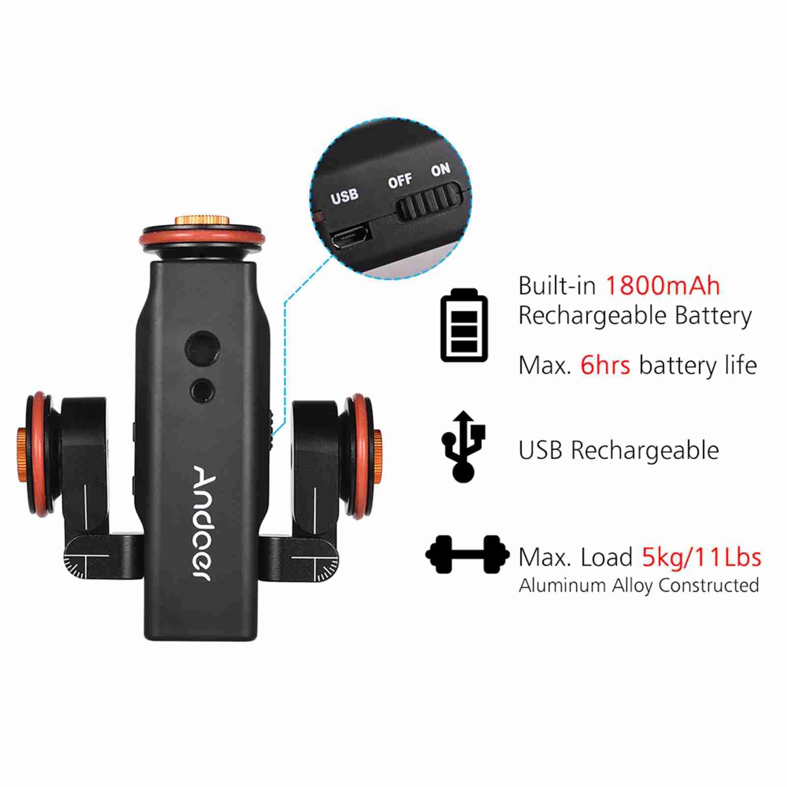 Andoer L4 PRO Dolly Motorizzato con Telecomando e Testa a Sfera, Slider Fotocamera Ricaricabile a 3 velocità per Fotocamera Leggeri e Telefono
