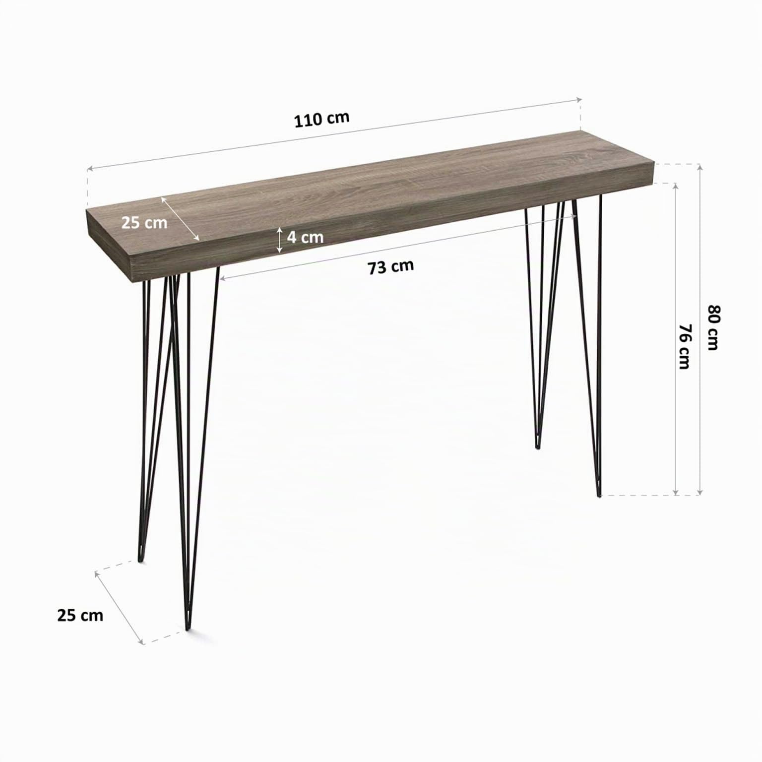 Versa Dallas Mueble Recibidor Estrecho para Entrada o Pasillo, Mesa Consola, Medidas (Al x L x An) 80 x 25 x 110 cm, Madera y Metal, Color Marrón
