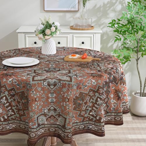 Boho Round Tablecloth 70 inches - Cotton Linen Vintage Rustic Farmhouse Bohemian Water-Resistant Decorations for Home, Washable Table Cloth for Party,Table, Outdoor 70" (Round) Brown