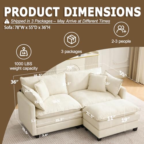 Image of 78 inch Modular Sectional Sofa, L Shaped Cloud Couch with Ottoman | Comfy Chenille Deep Seat Sofa with Throw Pillows, 3 Seat Modern Couches for Living Room Bedroom Apartment, Beige, 78 inch L