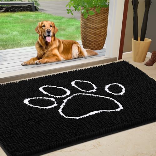 Dog Door Mat for Muddy Paws, Pet Rug Chenille Absorbent Outdoor Doormat 48"x 30", Non Slip Heavy Indoor Doormat Soft Front Inside Doormats for Entryway, Mud Paws, Patio,Dog Paw Black